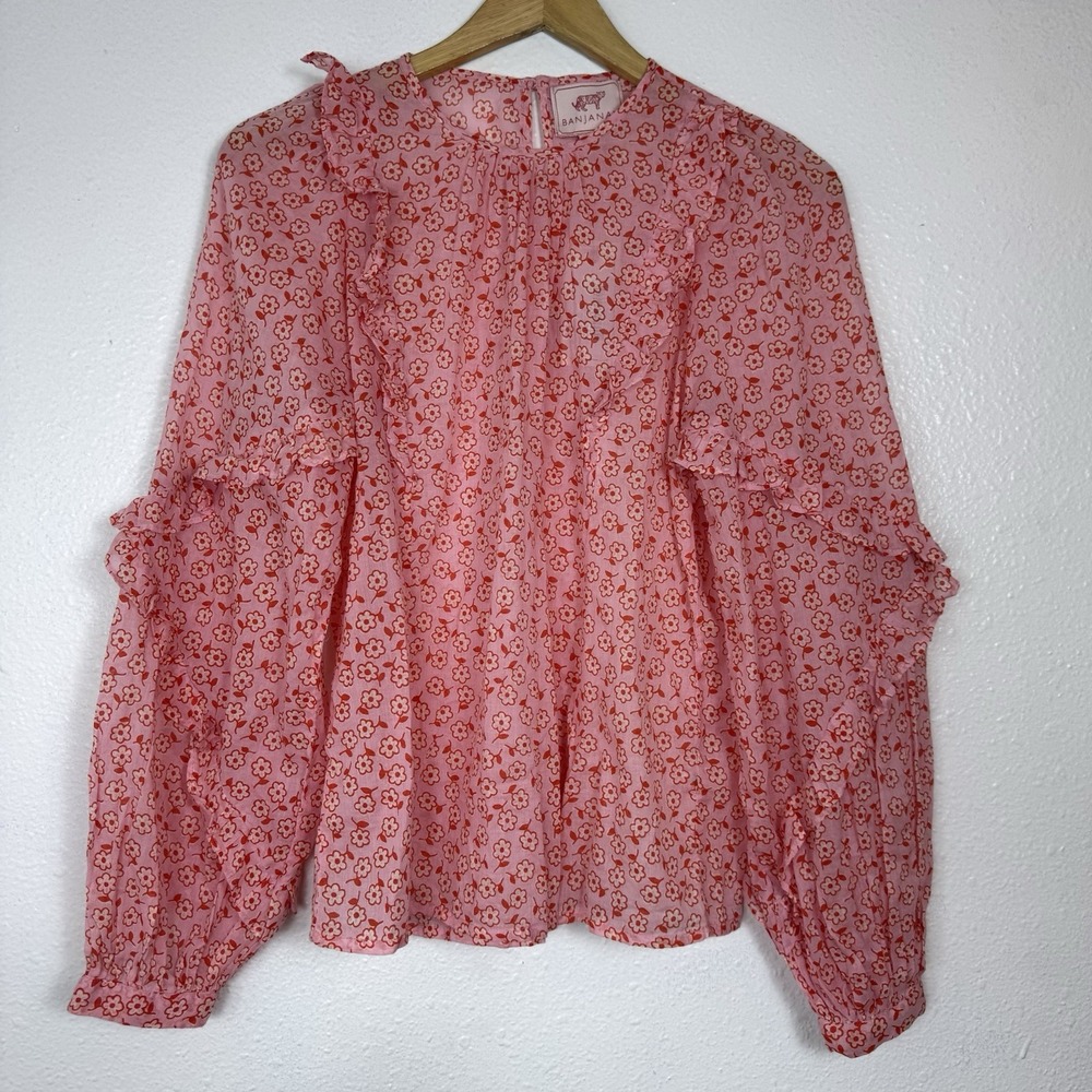 Banjanan Margot Top Women's XS Scattered Daisy Orchid Pink Floral Ruffle Blouse